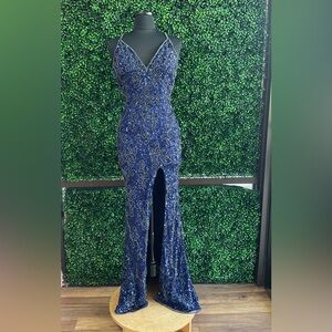 Primavera Couture Navy and Silver Prom Dress
